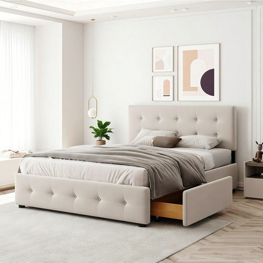 Polsterbett 140 x 200 cm, Doppelbett mit Schubladen, Lattenrost und Rückenlehne, Hautfreundliches Doppelbett aus Samtstoff für Erwachsene und Jugendliche, Beige
