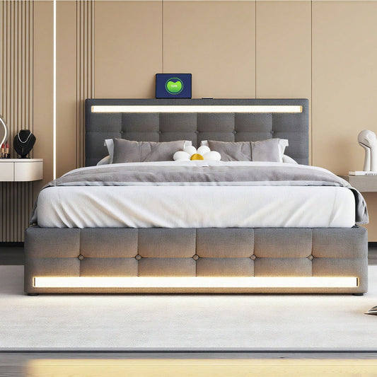 Polsterbett 140 * 200 LED-Polsterbett mit 4 Schubladen und 2 USB-Ladestationen, Bettrahmen mit LED-Kopfteil-Fußteil, gepolstertes Plattformbett mit Stauraum, Leinenstoff Grau