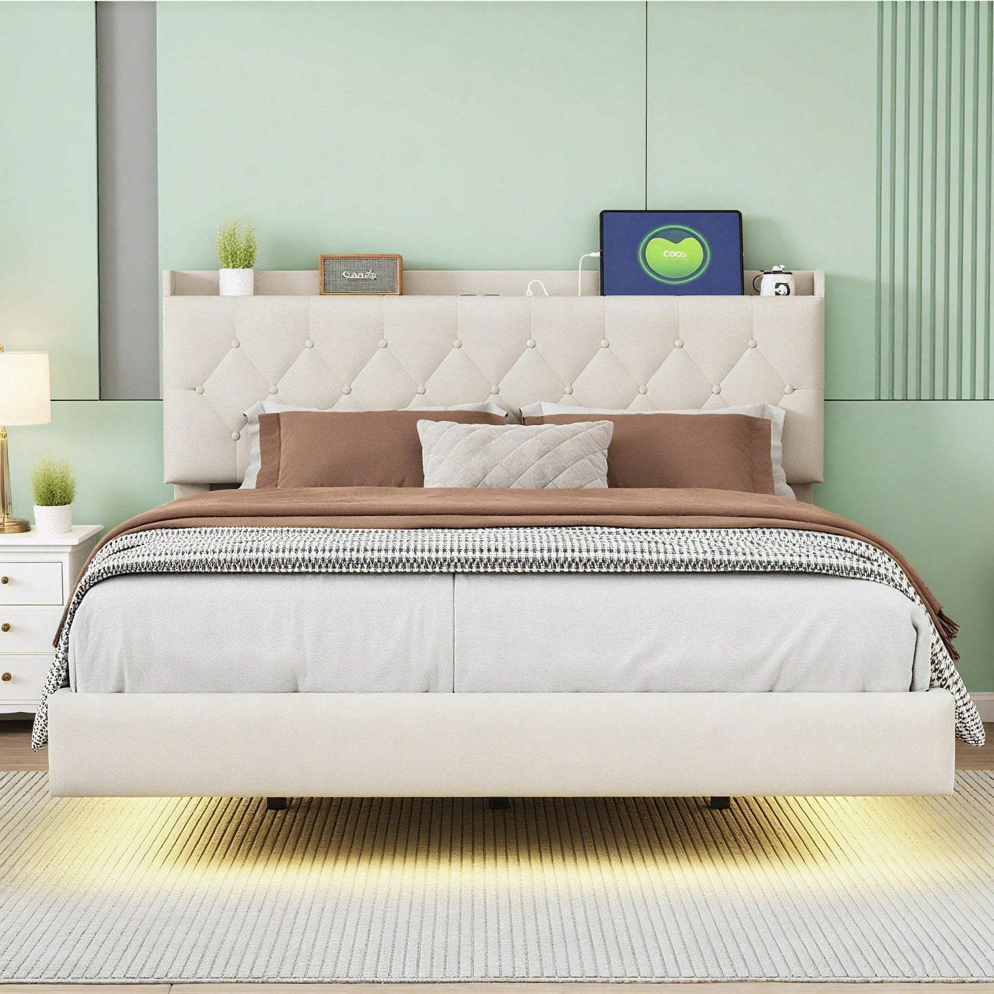 Polsterbett 140*200 cm mit USB-Ladeanschluss und LED-Farbwechsel-Lichtleiste, Doppelbett in hautfreundlichem Leinenstoff mit Lattenrost grau