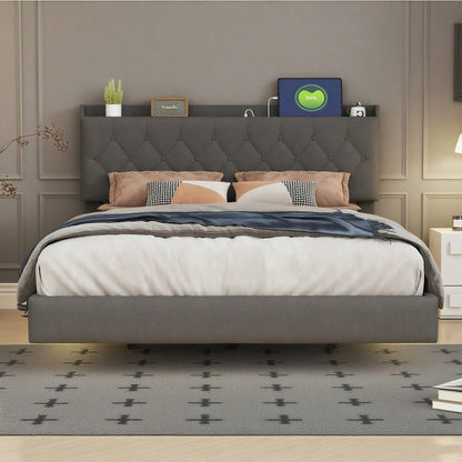 Polsterbett 140*200 cm mit USB-Ladeanschluss und LED-Farbwechsel-Lichtleiste, Doppelbett in hautfreundlichem Leinenstoff mit Lattenrost grau
