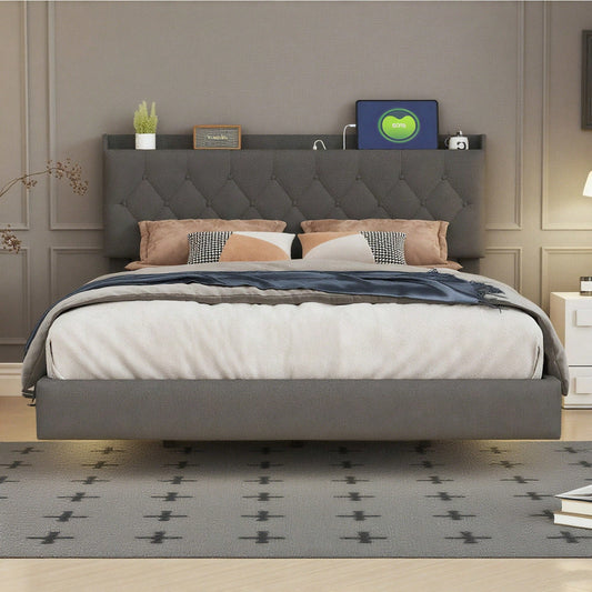 Polsterbett 140*200 cm mit USB-Ladeanschluss und LED-Farbwechsel-Lichtleiste, Doppelbett in hautfreundlichem Leinenstoff mit Lattenrost grau