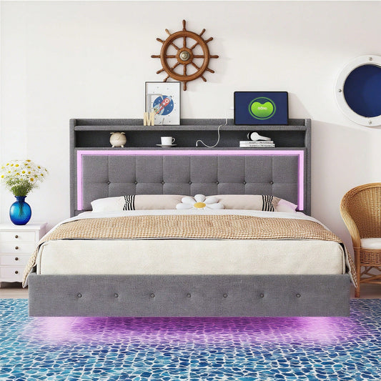 Polsterbett 140*200, mit USB-Steckdose und LED-Licht, Bett kann am Kopfende des Bettes platziert werden, verstecktes Fußdesign, Doppelflachbett, Leinenstoff beige
