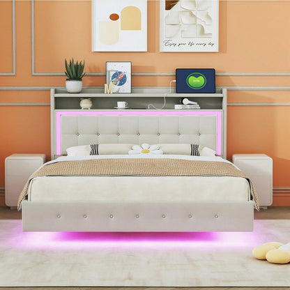 Polsterbett 140*200, mit USB-Steckdose und LED-Licht, Bett kann am Kopfende des Bettes platziert werden, verstecktes Fußdesign, Doppelflachbett, Leinenstoff beige
