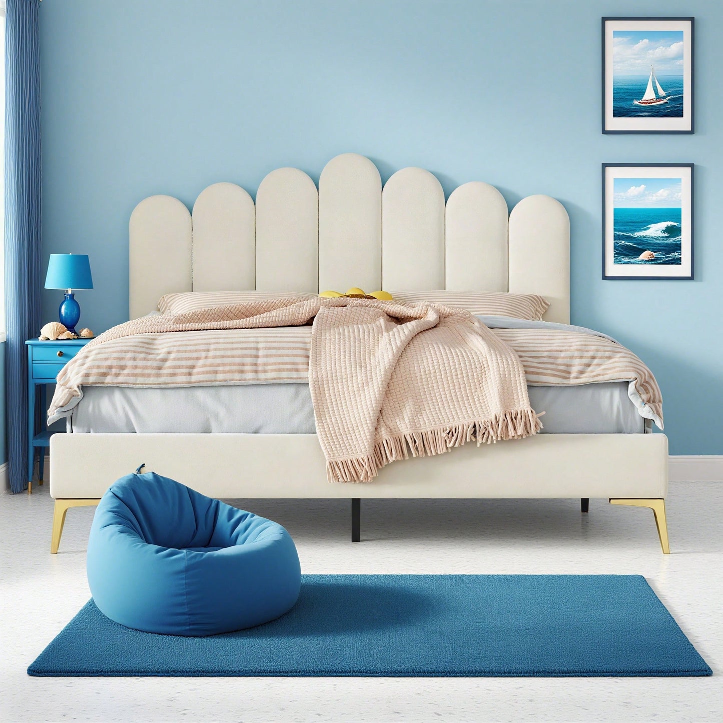 Polsterbett Doppelbett 140 x 200 cm, Bettgestell mit Kopfteil und Lattenrost, Erwachsenen-Jugendbett-Gästebett in hautfreundlichem Samtstoff Beige