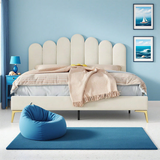 Polsterbett Doppelbett 140 x 200 cm, Bettgestell mit Kopfteil und Lattenrost, Erwachsenen-Jugendbett-Gästebett in hautfreundlichem Samtstoff Beige