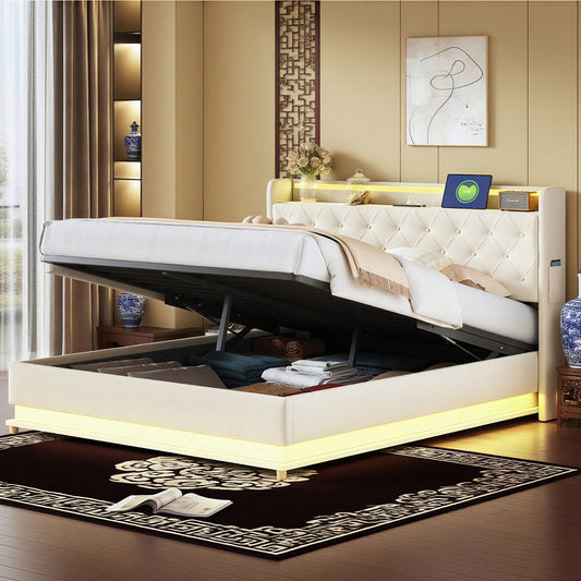 LED Polsterbett 160*200 cm mit USB-Ladeanschluss und Hydraulischer Lagerung, Hautfreundlicher Leinenstoff Beige