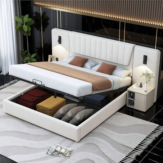 Polsterbett 180*200cm, Mit extralanger Rückenlehne, Leselampe mit verstellbarer Richtung, Mit USB-Ladeanschluss, Hydraulisches Stauraumbett, Doppelbett, Samtstoff, Beige