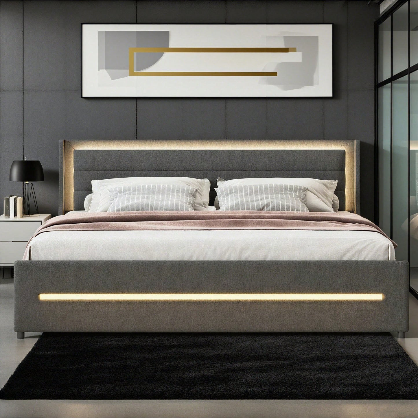 Polsterbett 180*200 mit farbwechselnder LED-Beleuchtung, mit vier Ablagefächern, Leinenstoff, Doppelflachbett mit Lattenrost, Grau (Matratze nicht enthalten)