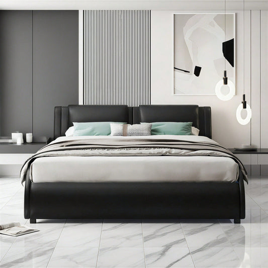 Polsterbett 140*200cm Kunstlederbett mit LED-Lichtbettgestell mit Lattenrosten Schwarz