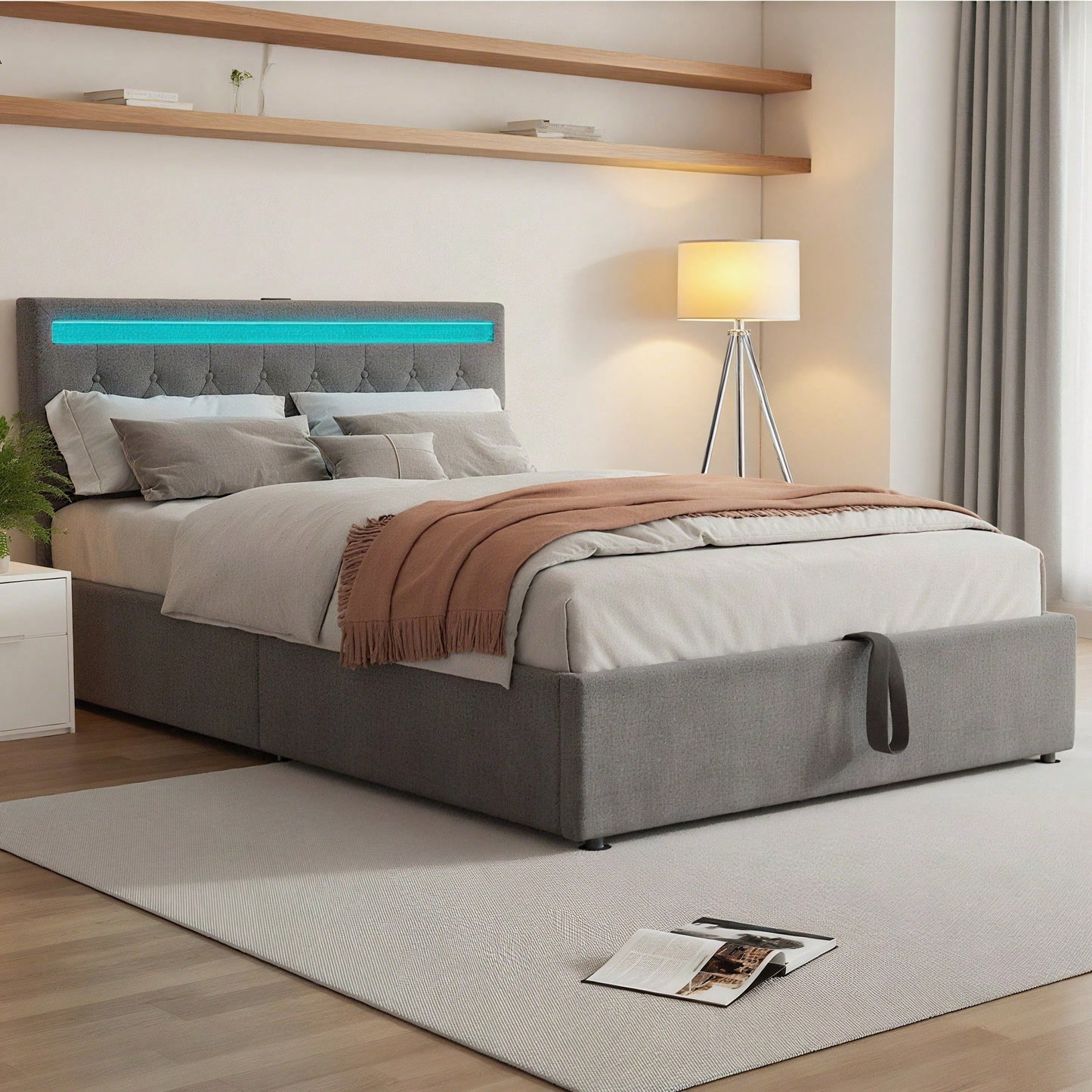 140*200 cm flaches Bett, gepolstertes Bett, Umgebungslicht am Bett, 24-Tasten-Fernbedienung, Bett kann angehoben und abgesenkt werden, USB- und Typ-C-Steckdose am Bett, großer Stauraum, weiß
