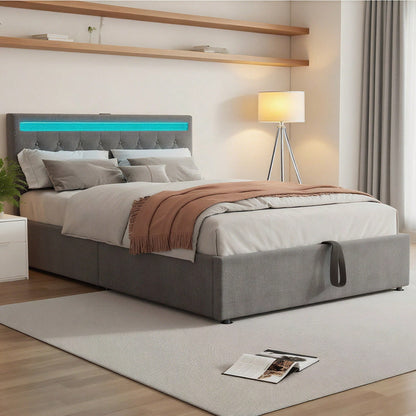 140*200 cm flaches Bett, gepolstertes Bett, Umgebungslicht am Bett, 24-Tasten-Fernbedienung, Bett kann angehoben und abgesenkt werden, USB- und Typ-C-Steckdose am Bett, großer Stauraum, weiß