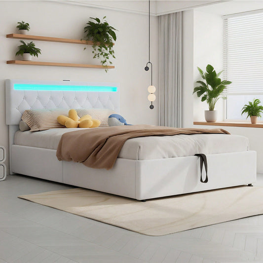 140*200 cm flaches Bett, gepolstertes Bett, Umgebungslicht am Bett, 24-Tasten-Fernbedienung, Bett kann angehoben und abgesenkt werden, USB- und Typ-C-Steckdose am Bett, großer Stauraum, weiß