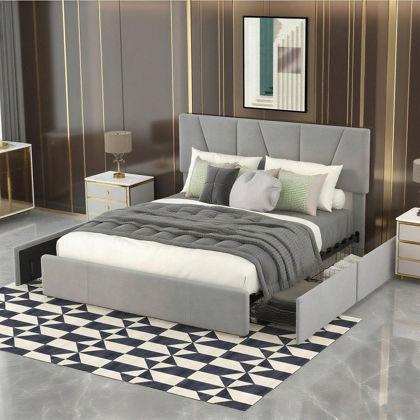 Double Size Polster Plattform Bett mit vier Schubladen auf zwei Seiten,Verstellbares Kopfteil,Grau(140*200cm)