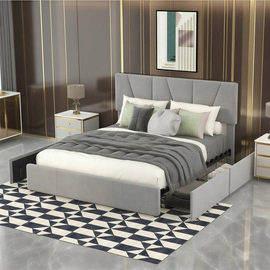 Double Size Polster Plattform Bett mit vier Schubladen auf zwei Seiten,Verstellbares Kopfteil,Grau(140*200cm)