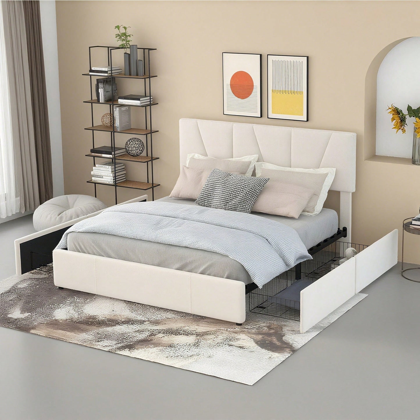 Double Size Polster Plattform Bett mit vier Schubladen auf zwei Seiten,Verstellbares Kopfteil,Grau(140*200cm)