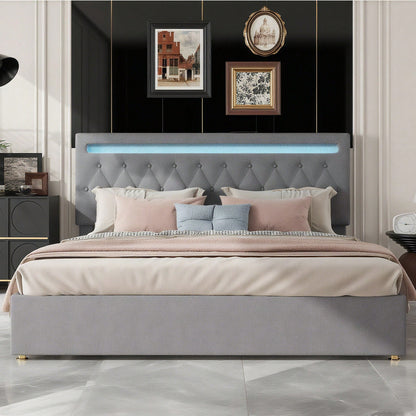 180*200cm Flachbett, gepolstert, hydraulisches Bett mit Hebemechanismus, farbwechselndes Umgebungslicht, Fernbedienung, USB-Anschluss, grau