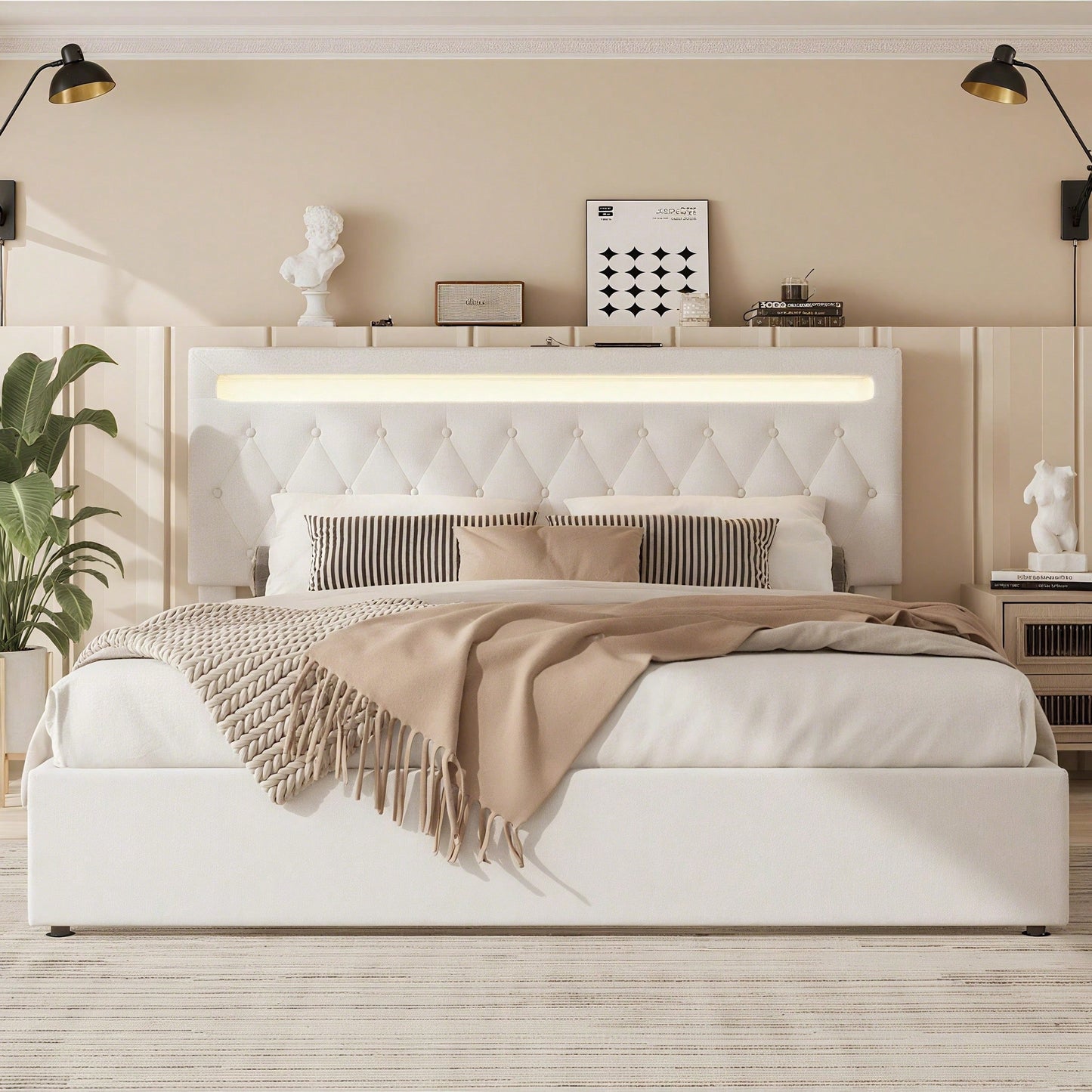 180*200cm Flachbett, gepolstert, hydraulisches Bett mit Hebemechanismus, farbwechselndes Umgebungslicht, Fernbedienung, USB-Anschluss, grau