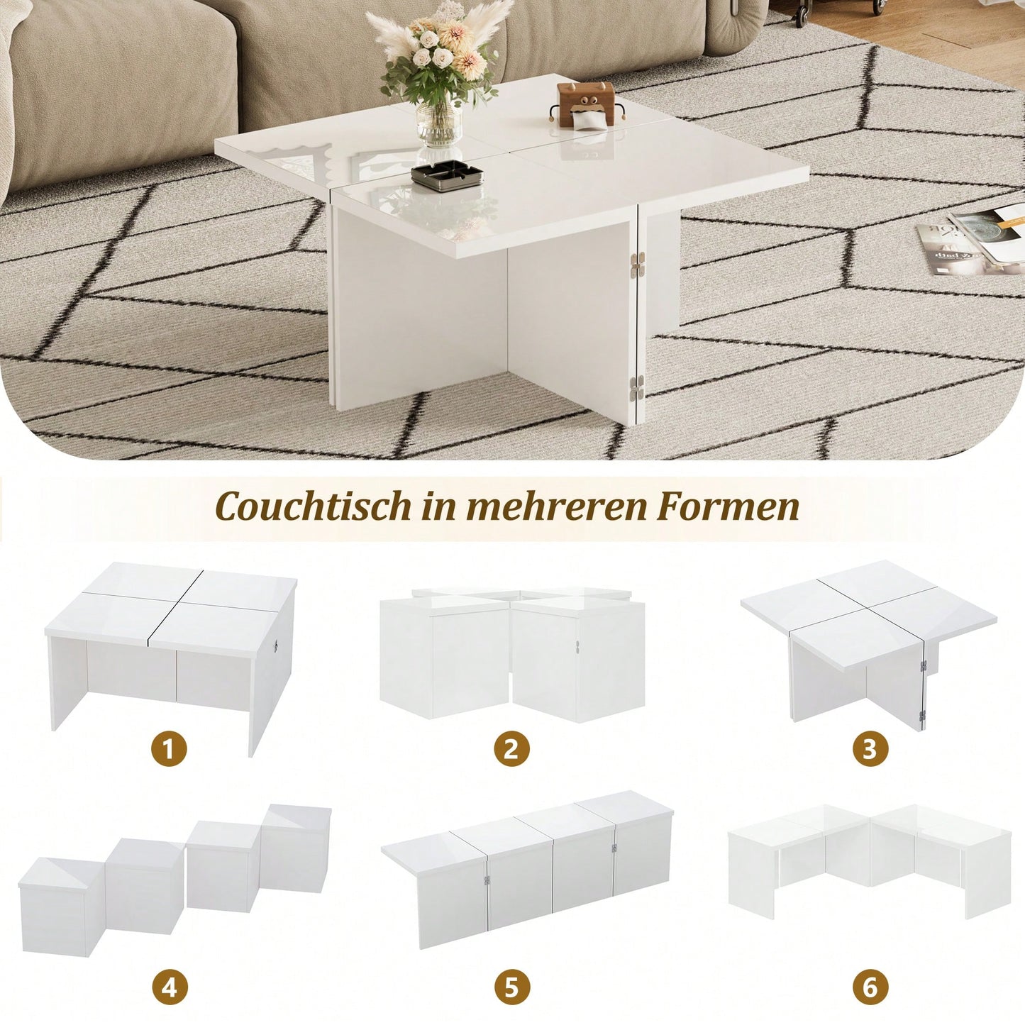 Modular DIY Couchtisch  mit Hochglanz Tischplatte - Frei Kombinierbar, Einfache Montage, Moderner Design Wohnzimmertisch