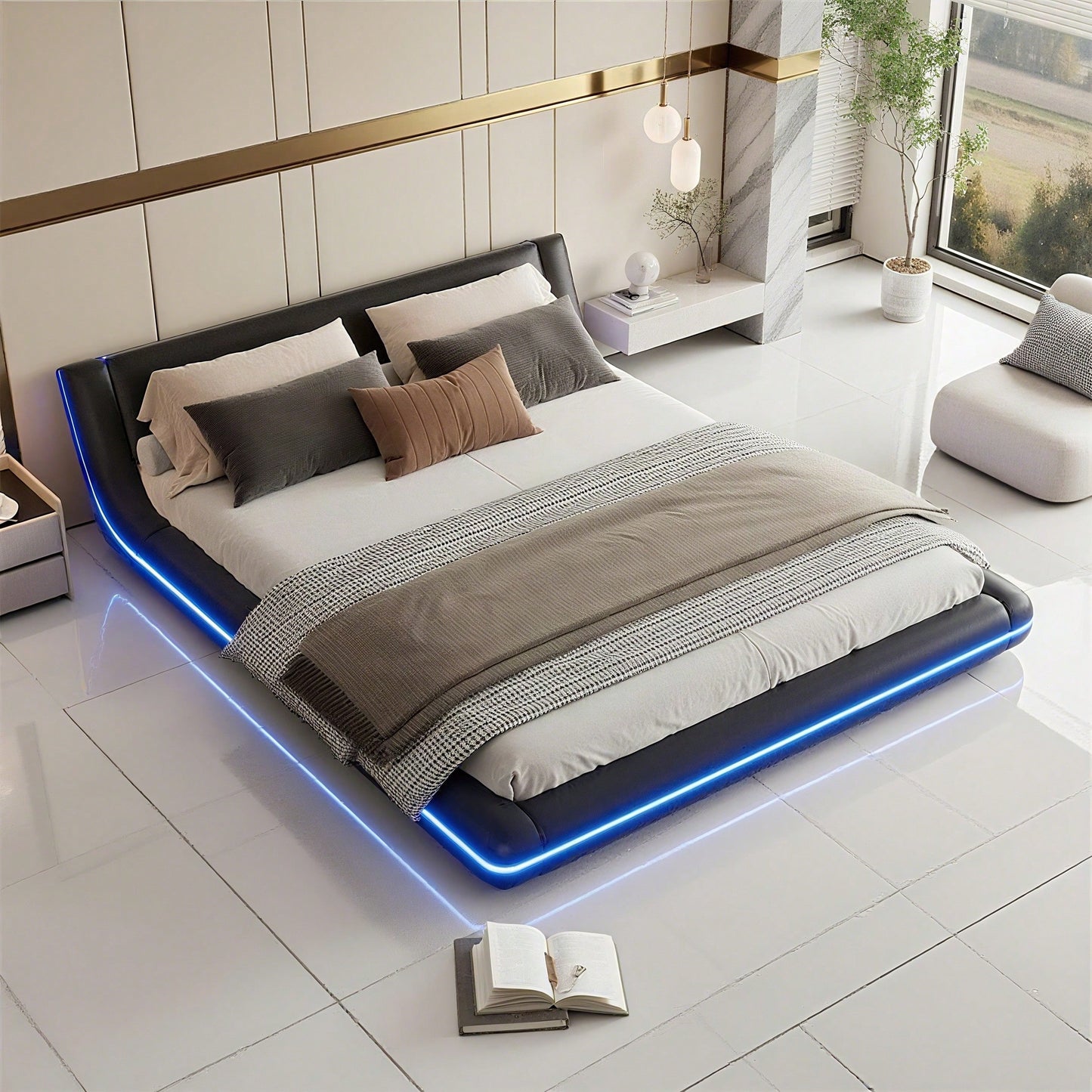 160*200cm Flachbett, Bodenbett, PU, LED-Umgebungslicht, 24-Tasten-Fernbedienung, Schwarz