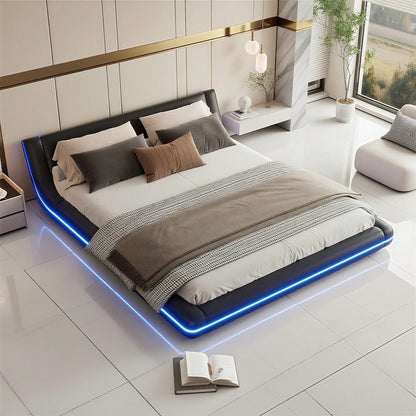 160*200cm Flachbett, Bodenbett, PU, LED-Umgebungslicht, 24-Tasten-Fernbedienung, Schwarz