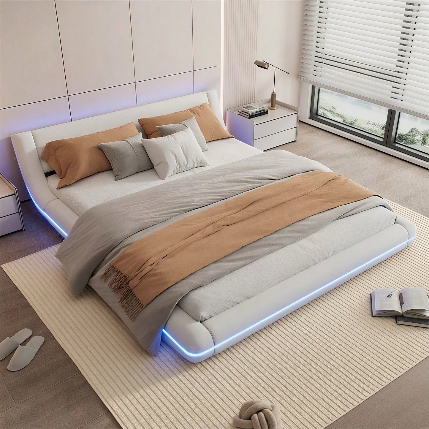 160*200cm Flachbett, Bodenbett, PU, LED-Umgebungslicht, 24-Tasten-Fernbedienung, Schwarz