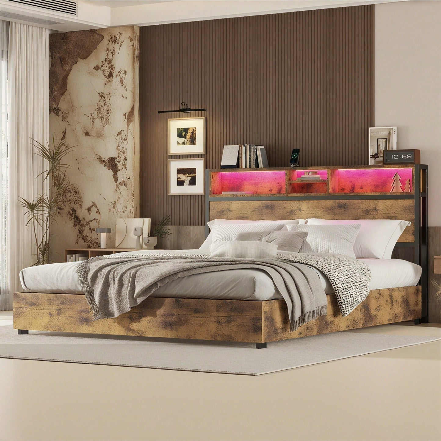 180*200cm Flachbett, hydraulischer Hebemechanismus, farbwechselnde LED-Umgebungsbeleuchtung, 24-Tasten-Fernbedienung, großer Stauraum im Bettkasten, braun