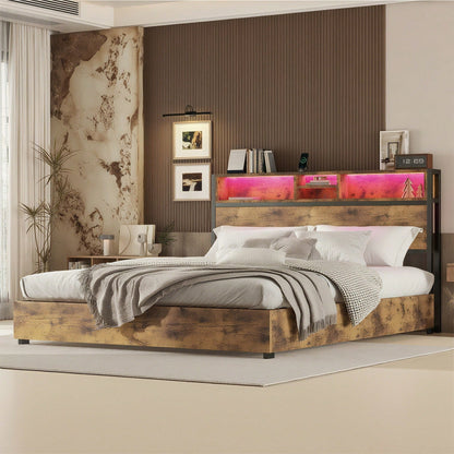 180*200cm Flachbett, hydraulischer Hebemechanismus, farbwechselnde LED-Umgebungsbeleuchtung, 24-Tasten-Fernbedienung, großer Stauraum im Bettkasten, braun