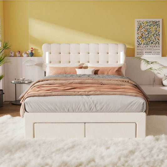 140*200cm Flachbett, gepolstertes Bett, Beleuchtung auf beiden Seiten des Bettes, vier Schubladen am Ende des Bettes, großer Stauraum, Farbe beige