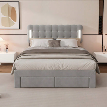 140*200cm Flachbett, gepolstertes Bett, Beleuchtung auf beiden Seiten des Bettes, vier Schubladen am Ende des Bettes, großer Stauraum, Farbe beige
