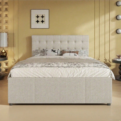 Polsterbett, 140x200cm, Doppelbett, Familienbett, Ehebett mit drei Schubladen, ausziehbares Bett, Verstellbares Kopfteil, Ohne Matratze, Beige