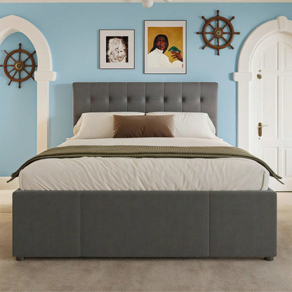 Polsterbett, 140x200cm, Doppelbett, Familienbett, Ehebett mit drei Schubladen, ausziehbares Bett, Verstellbares Kopfteil, Ohne Matratze, Beige