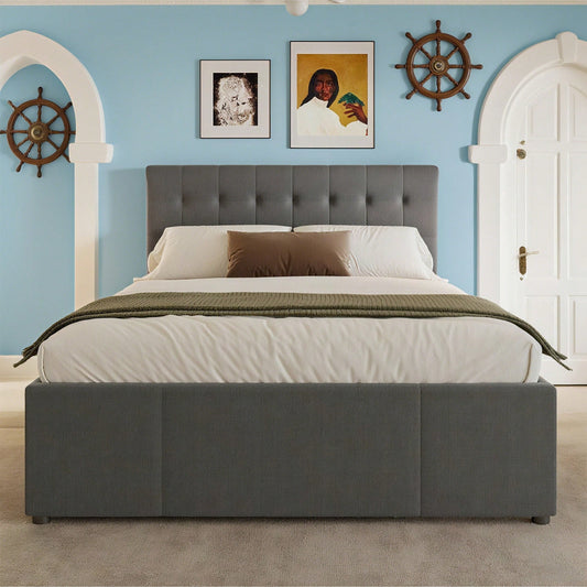 Polsterbett, 140x200cm, Doppelbett, Familienbett, Ehebett mit drei Schubladen, ausziehbares Bett, Verstellbares Kopfteil, Ohne Matratze, Beige