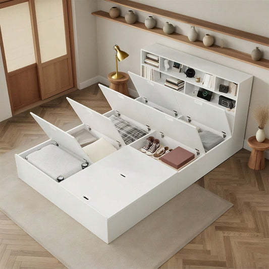 Stauraumbett 140*200cm, Doppelbett,Funktionsbett,Massivholzbett, mit USB-Anschluss, mit Aufbewahrungsbox unter dem Bett, mit Stauraum, ohne Matratze, weiß