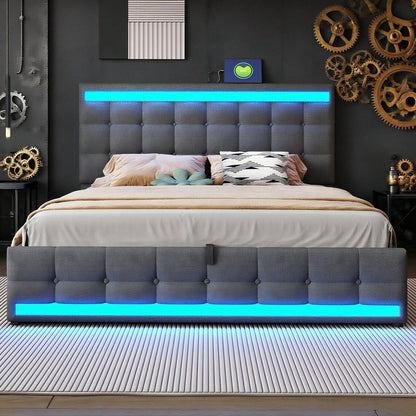 Polsterbett 180*200 Hydraulisches Stauraum-Kinderbett mit USB und farbwechselndem LED-Lichtstreifen,Grau Leinen-Einzelbett