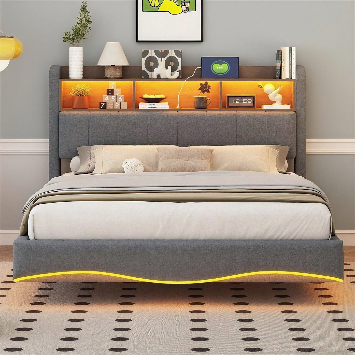 Abgehängtes Design Polsterbett 140*200 aus Leinenstoff, multifunktionales Stauraumbett mit LED-Licht, USB- und TYPE-C-Schnittstelle Beige