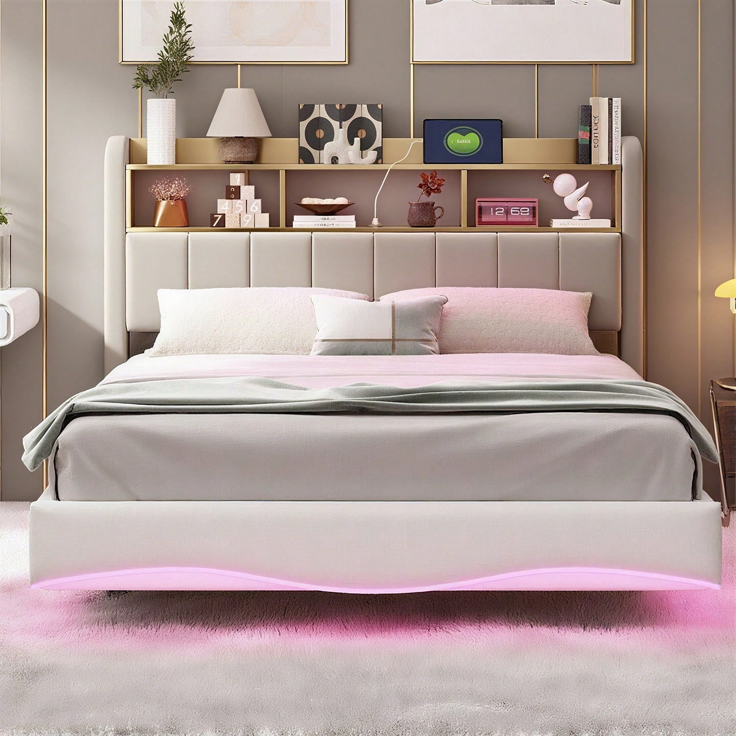 Abgehängtes Design Polsterbett 140*200 aus Leinenstoff, multifunktionales Stauraumbett mit LED-Licht, USB- und TYPE-C-Schnittstelle Beige