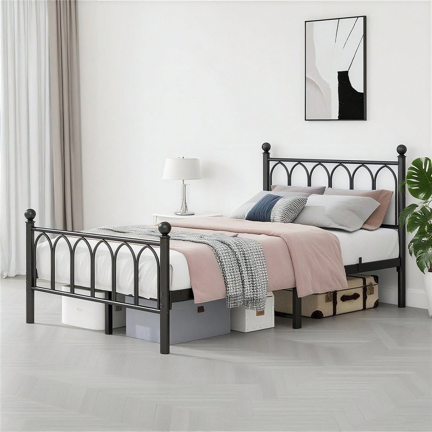 120x200cm Metall-Bettrahmen mit Vintage Kopf und Fußplatte, USB-Ladestation, LED-Bettrahmen, Heavy Duty Stahl Slat Unterstützung, Reichweite Unterbett-Speicher, Keine Box-Feder erforderlich, Weiß