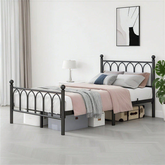 120x200cm Metall-Bettrahmen mit Vintage Kopf und Fußplatte, USB-Ladestation, LED-Bettrahmen, Heavy Duty Stahl Slat Unterstützung, Reichweite Unterbett-Speicher, Keine Box-Feder erforderlich, Weiß
