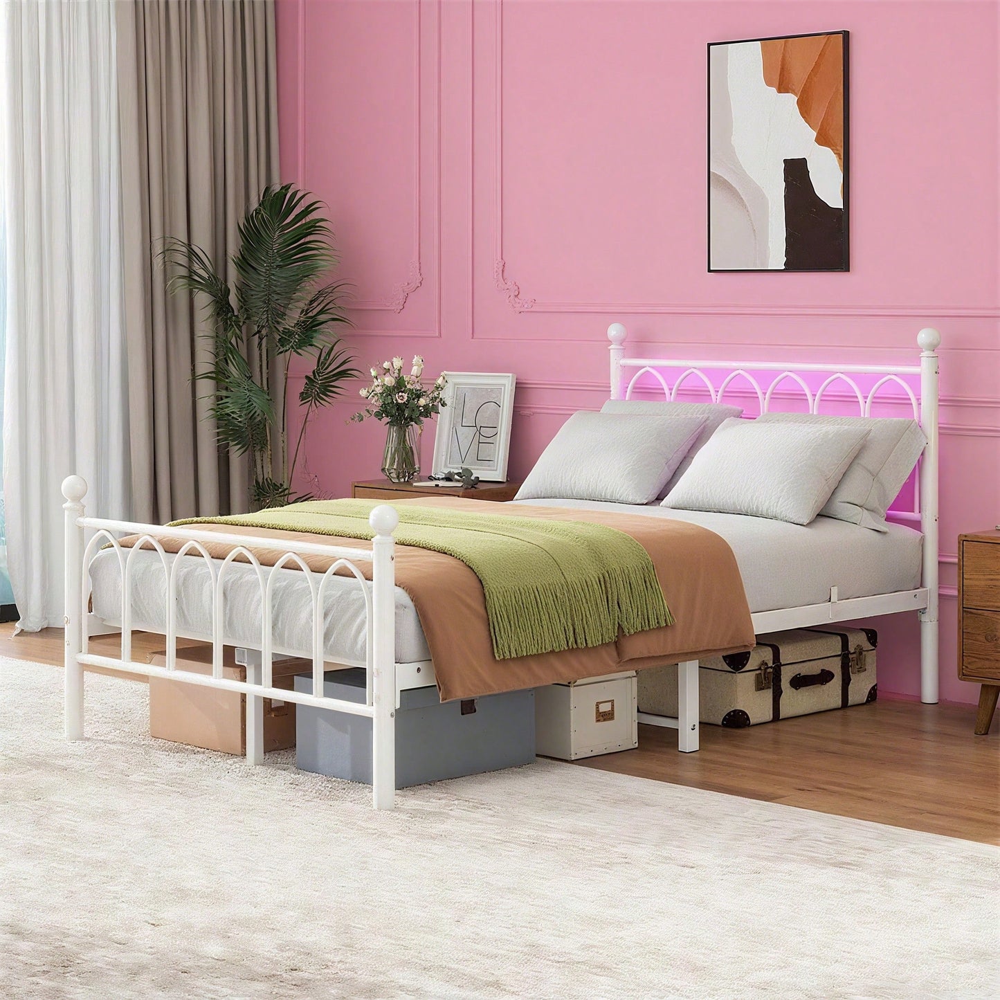 120x200cm Metall-Bettrahmen mit Vintage Kopf und Fußplatte, USB-Ladestation, LED-Bettrahmen, Heavy Duty Stahl Slat Unterstützung, Reichweite Unterbett-Speicher, Keine Box-Feder erforderlich, Weiß