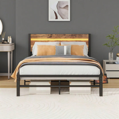 120x200cm Bettrahmen mit Kopfplatte, Metallbettrahmen mit USB-Ladestation, LED-Bettrahmen, Starke Stahlschicht-Unterstützung, Unter Bettlagerung, Keine Boxfeder erforderlich, Lärmfrei, Einfache Montag