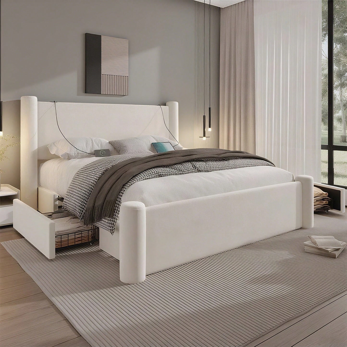 140x200 cm Bettgestell mit modernem Design, 3D-Säulen-Design, dick gepolsterte Kopfteil, 2 Stauraumschubladen und integrierte USB-Anschlüsse für praktischen Komfort und Stil im Schlafzimmer,Schwarz