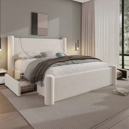 140x200 cm Bettgestell mit modernem Design, 3D-Säulen-Design, dick gepolsterte Kopfteil, 2 Stauraumschubladen und integrierte USB-Anschlüsse für praktischen Komfort und Stil im Schlafzimmer,Schwarz