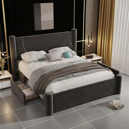 140x200 cm Bettgestell mit modernem Design, 3D-Säulen-Design, dick gepolsterte Kopfteil, 2 Stauraumschubladen und integrierte USB-Anschlüsse für praktischen Komfort und Stil im Schlafzimmer,Schwarz