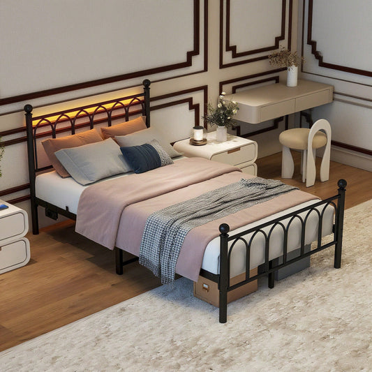 Schwarzes Vintage-Metallbett 120x200 cm - Mit USB-Ladestation & LED-Beleuchtung - Stahl-Slat Unterstützung, großer Stauraum