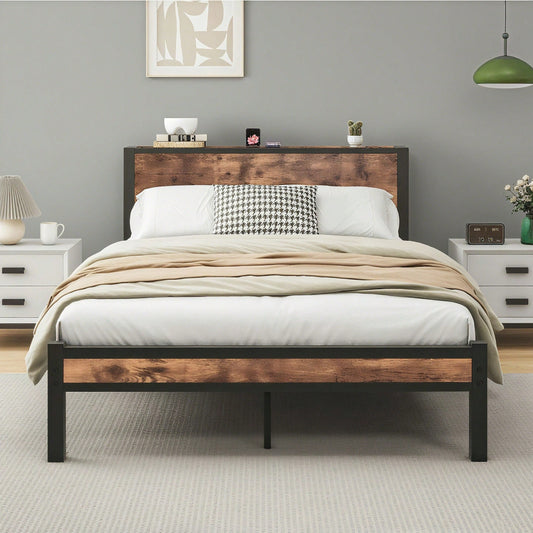 Vintage-Braunes Metallbett 140x200 cm - Mit Stauraum-Kopfteil & geräuschfreiem Gestell - Ohne Boxspring benötigt