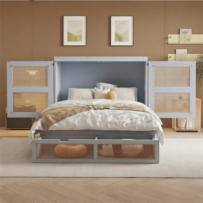 Weißes Schrankbett 140x200 cm mit Lattenrost & Stauraum – Platzsparendes Wandklappbett im Rattan-Design | Holz | Jugendbett / Einzelbett