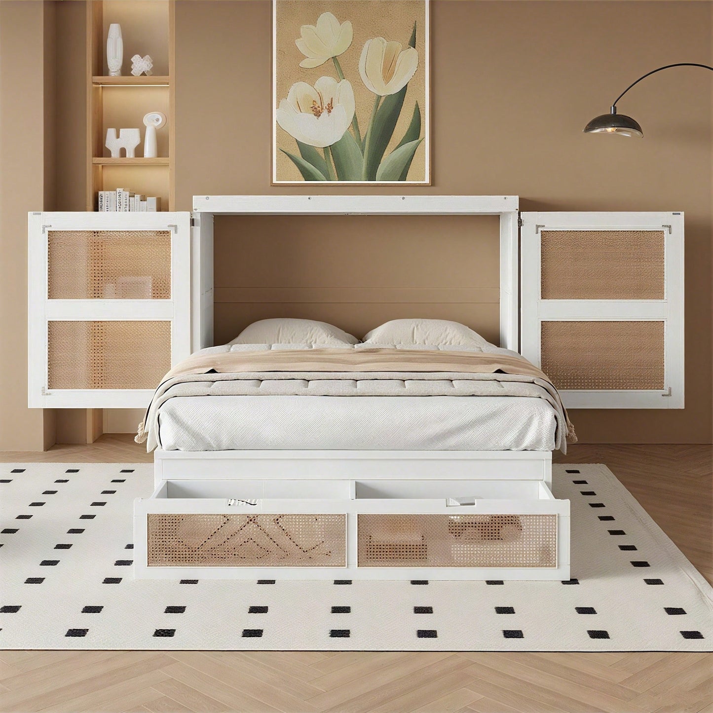 Weißes Schrankbett 140x200 cm mit Lattenrost & Stauraum – Platzsparendes Wandklappbett im Rattan-Design | Holz | Jugendbett / Einzelbett