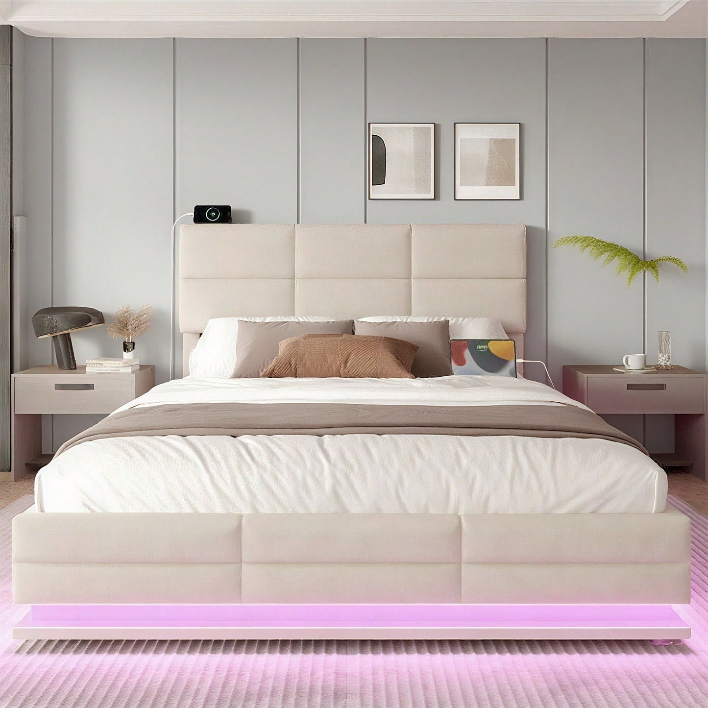 Beiges Velours-Polsterbett 160x200 cm – Höhenverstellbares Kopfteil mit LED-Beleuchtung, USB-C, hydraulischem Lift & XXL-Stauraum