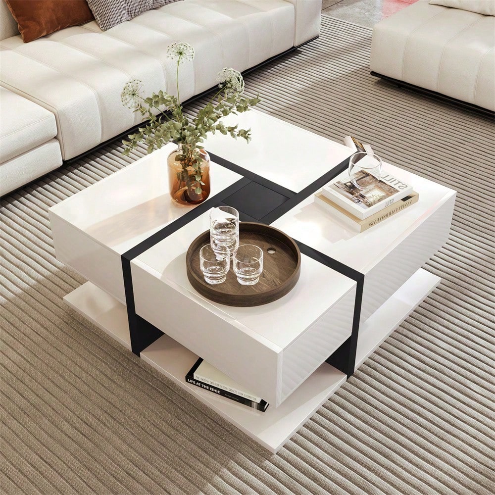 Hochglanz-Couchtisch, Tisch mit 4 Schubladen, einzigartige Farbabstimmung und Liniendesign, Stauraum unten. 78*78*36cm