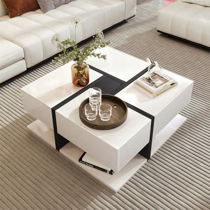 Hochglanz-Couchtisch, Tisch mit 4 Schubladen, einzigartige Farbabstimmung und Liniendesign, Stauraum unten. 78*78*36cm